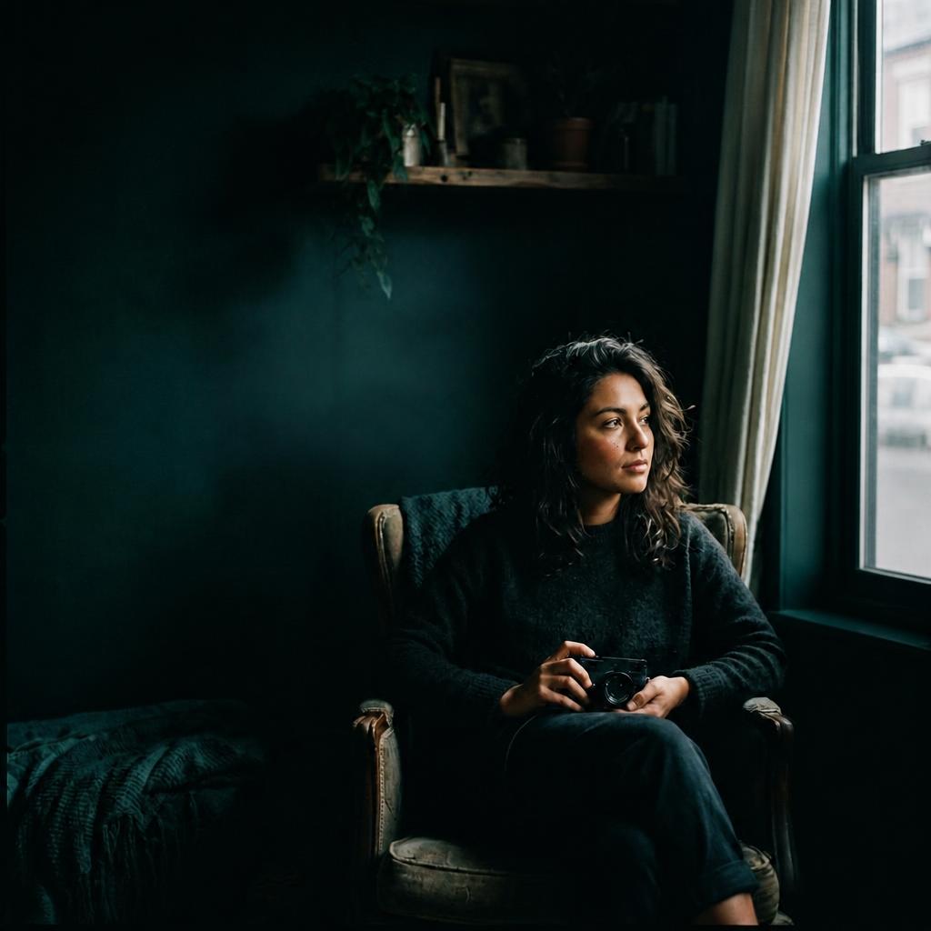 Stock photograph: a creator holding a camera in a softly lit studio